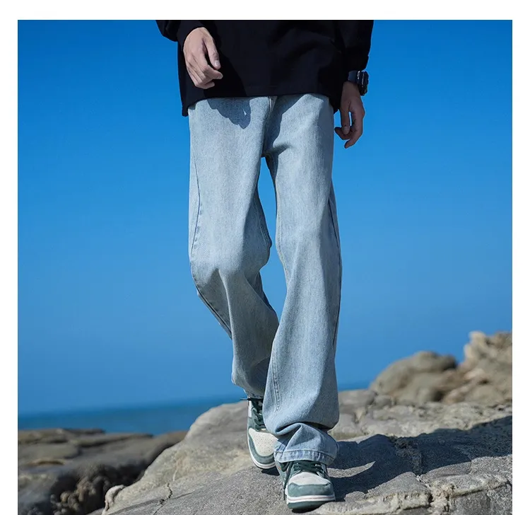 Men's Autumn Washed Jeans: Trendy Loose Fit Straight Leg Retro Wide-Leg Casual Pants for Streetwear showcase 17