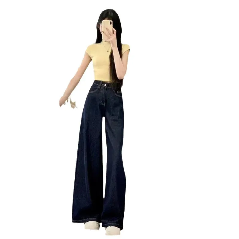 Hong Kong Style Retro Dark Blue Wide-Leg Jeans for Women - High-Waisted, Straight Slim, Drapey Loose Floor-Length Trousers - Image 5