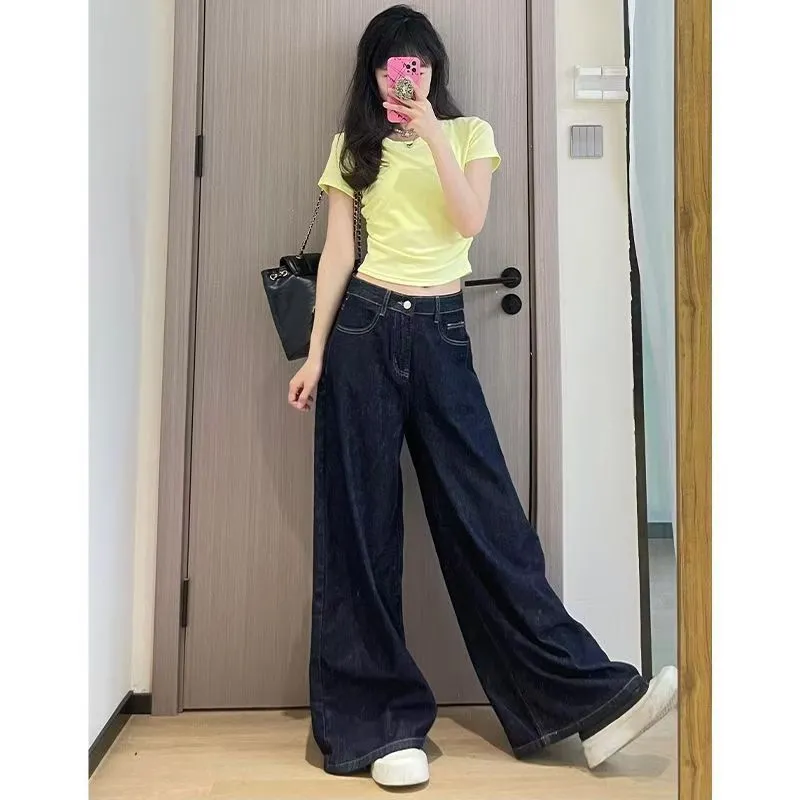 Hong Kong Style Retro Dark Blue Wide-Leg Jeans for Women - High-Waisted, Straight Slim, Drapey Loose Floor-Length Trousers - Image 3