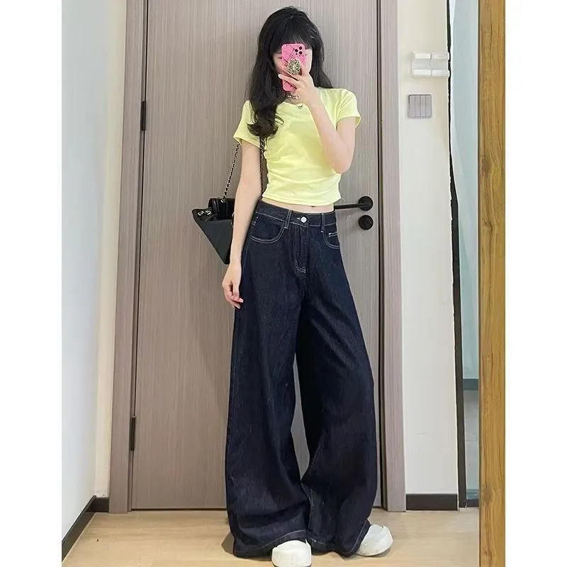 Hong Kong Style Retro Dark Blue Wide-Leg Jeans for Women - High-Waisted, Straight Slim, Drapey Loose Floor-Length Trousers - Image 2
