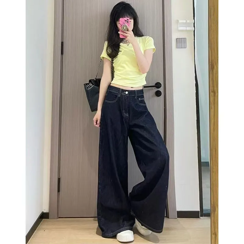Hong Kong Style Retro Dark Blue Wide-Leg Jeans for Women - High-Waisted, Straight Slim, Drapey Loose Floor-Length Trousers showcase 8