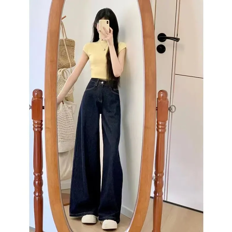 Hong Kong Style Retro Dark Blue Wide-Leg Jeans for Women - High-Waisted, Straight Slim, Drapey Loose Floor-Length Trousers - Image 1