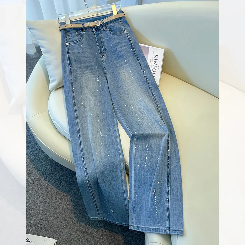 Women's Diamond Embellished Wide-Leg Jeans - Autumn/Winter 2025 Fashion, Loose Fit, Slimming Rhinestone Straight Leg Pants for Stylish Ladies - Image 6