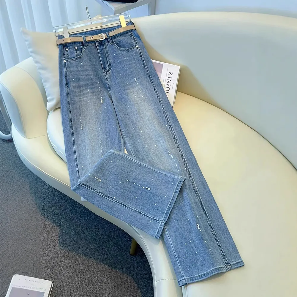 Women's Diamond Embellished Wide-Leg Jeans - Autumn/Winter 2025 Fashion, Loose Fit, Slimming Rhinestone Straight Leg Pants for Stylish Ladies - Image 2