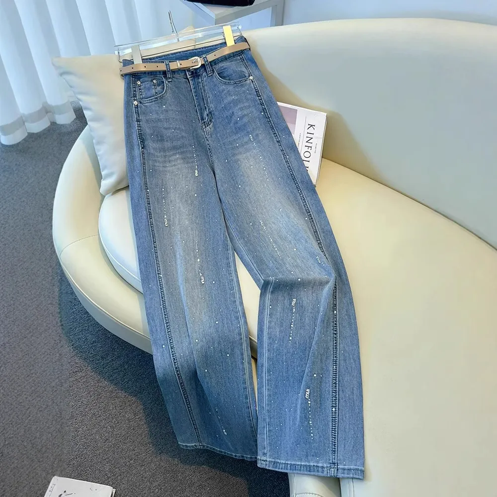 Women's Diamond Embellished Wide-Leg Jeans - Autumn/Winter 2025 Fashion, Loose Fit, Slimming Rhinestone Straight Leg Pants for Stylish Ladies - Image 1