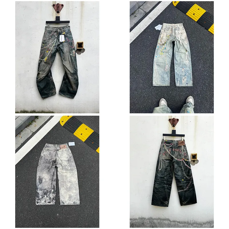 Men's & Women's High Version Ripped Jeans - Hand-Painted Splash-Ink 3D Graffiti Water Ripple Loose Wide-Leg Denim Pants thumbnail 1