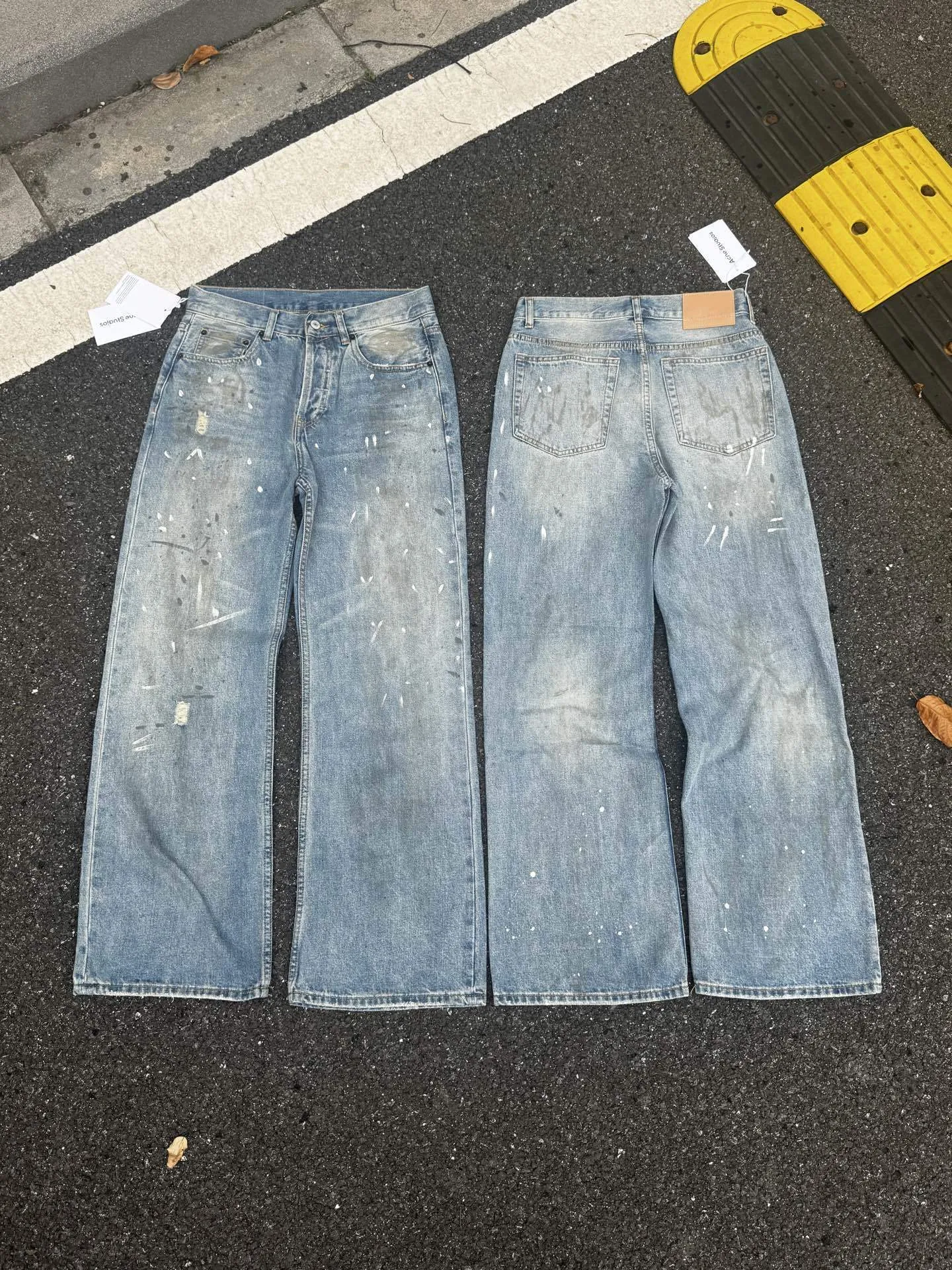 Men's & Women's High Version Ripped Jeans - Hand-Painted Splash-Ink 3D Graffiti Water Ripple Loose Wide-Leg Denim Pants thumbnail 9