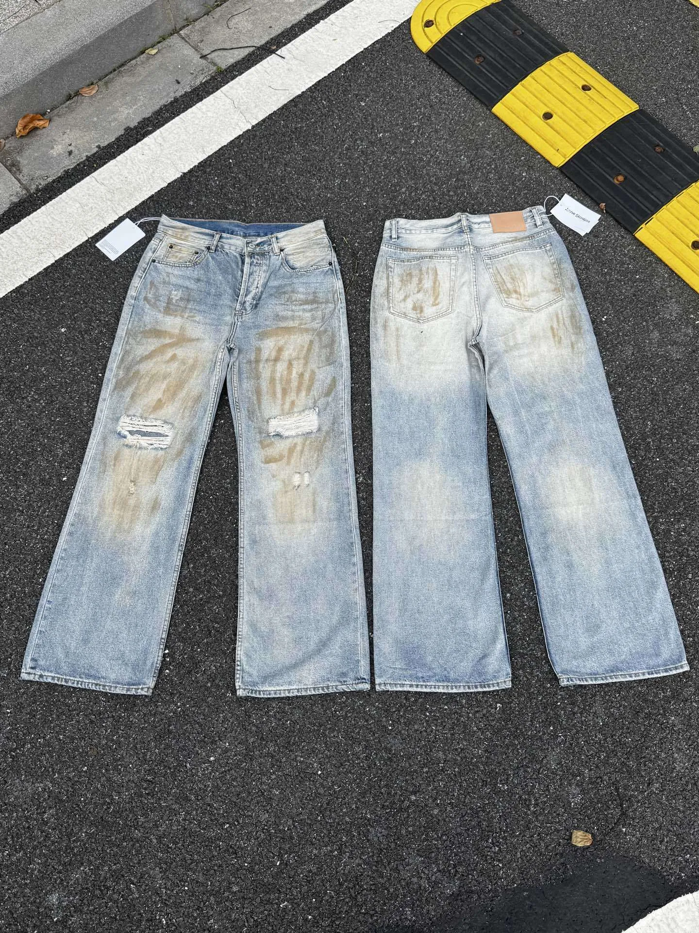 Men's & Women's High Version Ripped Jeans - Hand-Painted Splash-Ink 3D Graffiti Water Ripple Loose Wide-Leg Denim Pants thumbnail 10