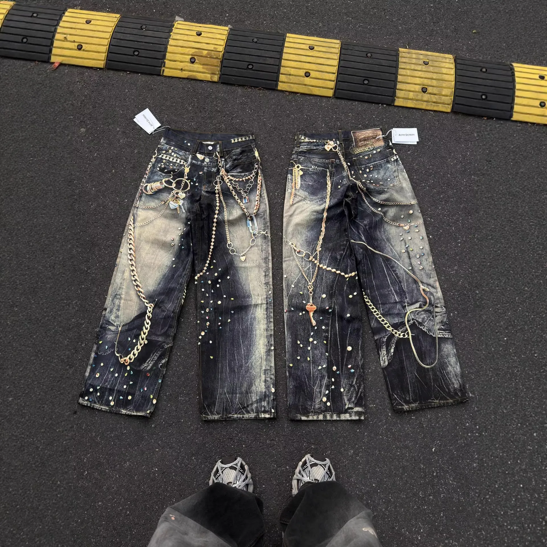Men's & Women's High Version Ripped Jeans - Hand-Painted Splash-Ink 3D Graffiti Water Ripple Loose Wide-Leg Denim Pants thumbnail 4