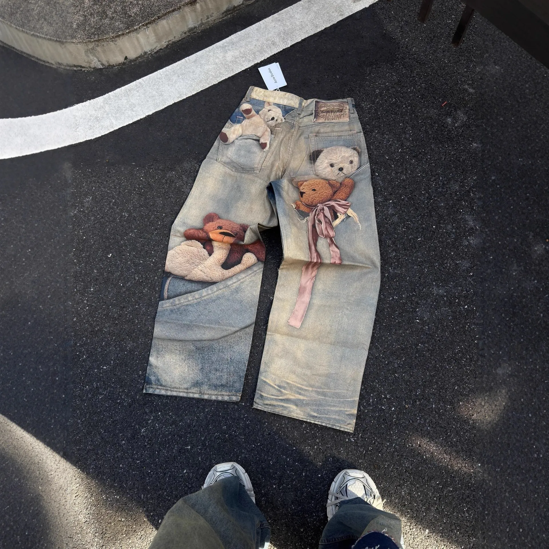 Men's & Women's High Version Ripped Jeans - Hand-Painted Splash-Ink 3D Graffiti Water Ripple Loose Wide-Leg Denim Pants thumbnail 3