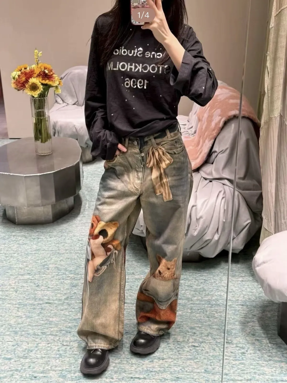Men's & Women's High Version Ripped Jeans - Hand-Painted Splash-Ink 3D Graffiti Water Ripple Loose Wide-Leg Denim Pants showcase 9
