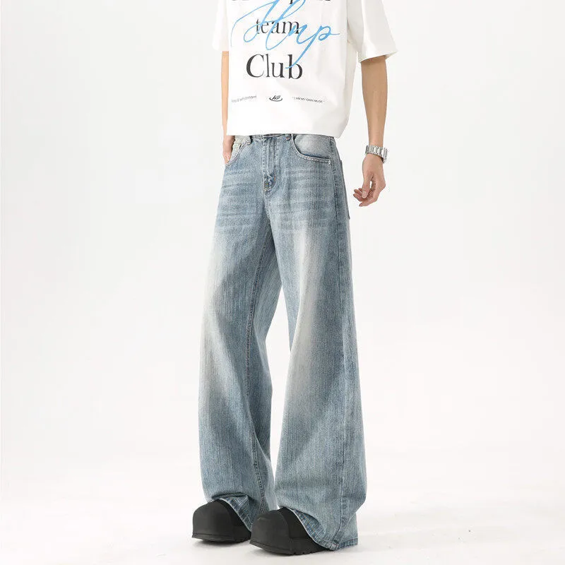 Men's Washed Blue Wide-Leg Jeans - American High Street Style Casual Pants for Spring & Autumn, Loose Fit Versatile Trousers showcase 9