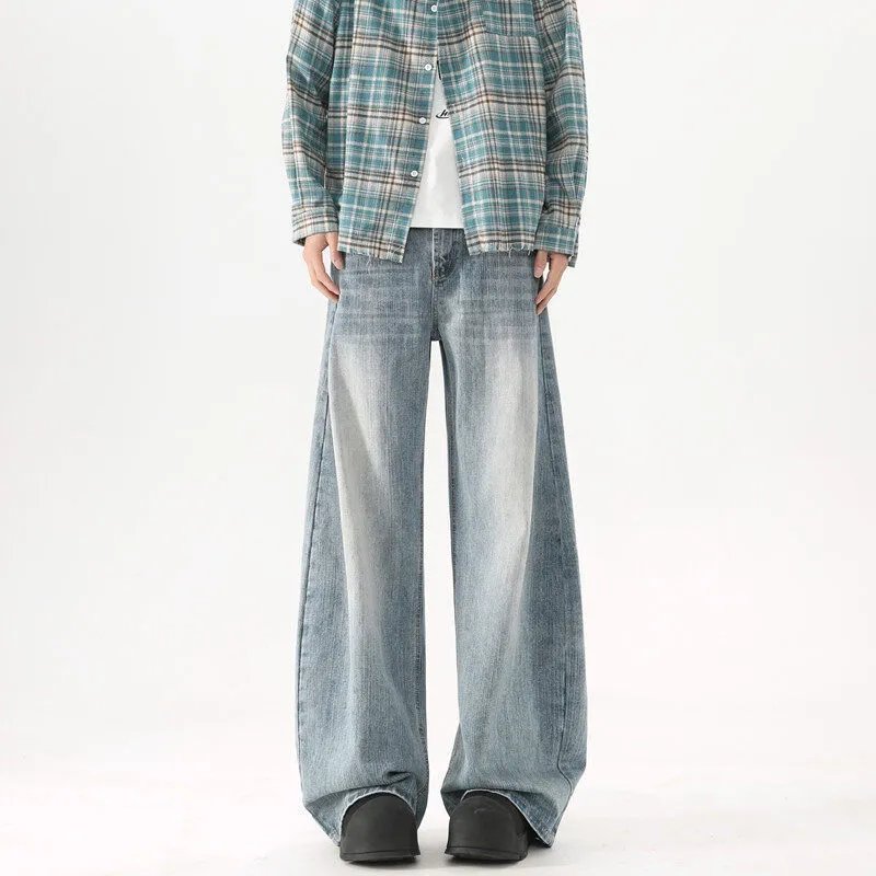 Men's Washed Blue Wide-Leg Jeans - American High Street Style Casual Pants for Spring & Autumn, Loose Fit Versatile Trousers showcase 8