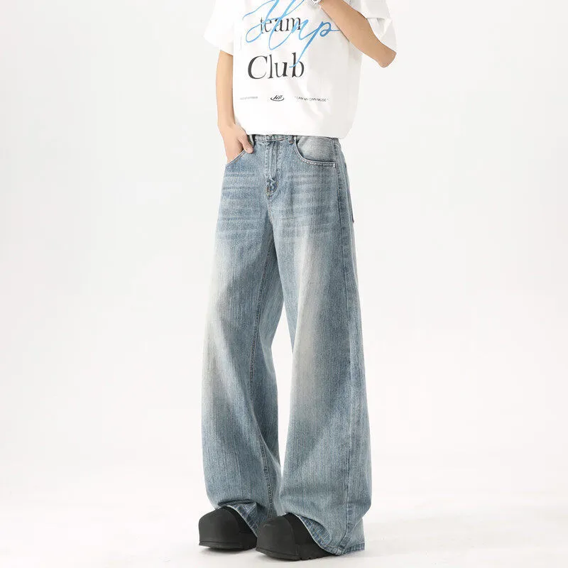 Men's Washed Blue Wide-Leg Jeans - American High Street Style Casual Pants for Spring & Autumn, Loose Fit Versatile Trousers showcase 6