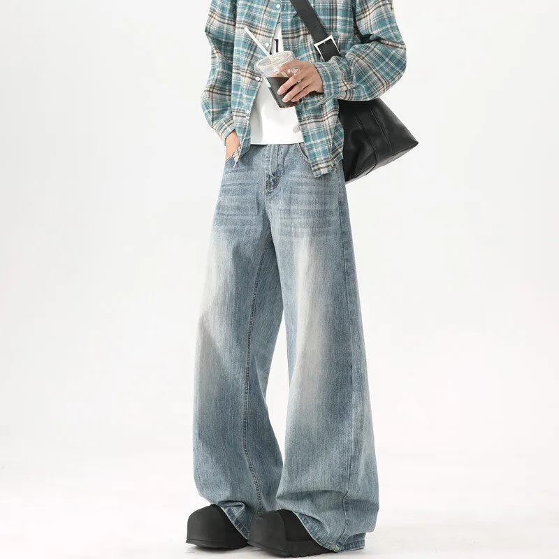Men's Washed Blue Wide-Leg Jeans - American High Street Style Casual Pants for Spring & Autumn, Loose Fit Versatile Trousers showcase 4