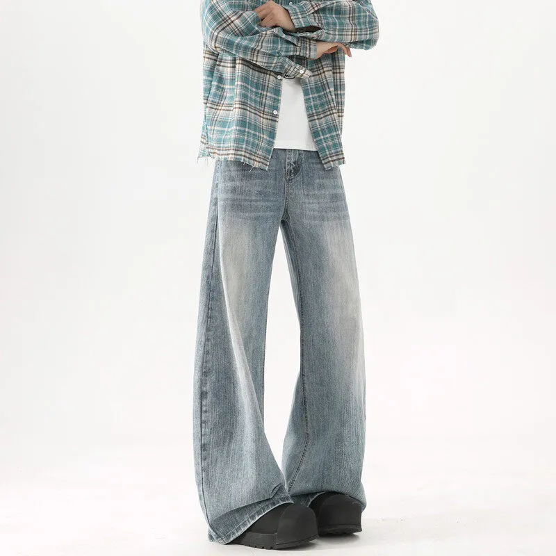 Men's Washed Blue Wide-Leg Jeans - American High Street Style Casual Pants for Spring & Autumn, Loose Fit Versatile Trousers showcase 5
