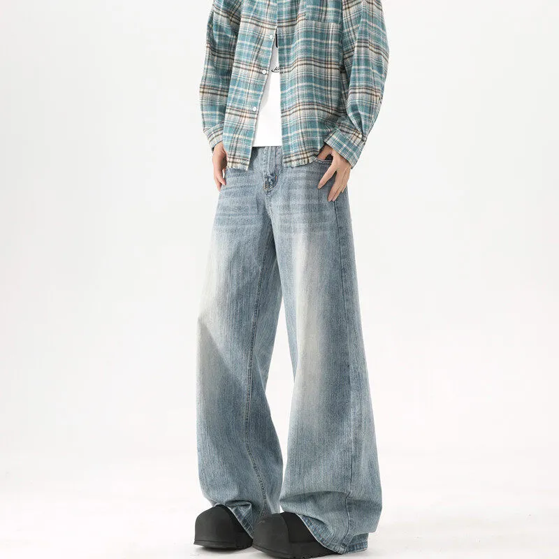 Men's Washed Blue Wide-Leg Jeans - American High Street Style Casual Pants for Spring & Autumn, Loose Fit Versatile Trousers showcase 7