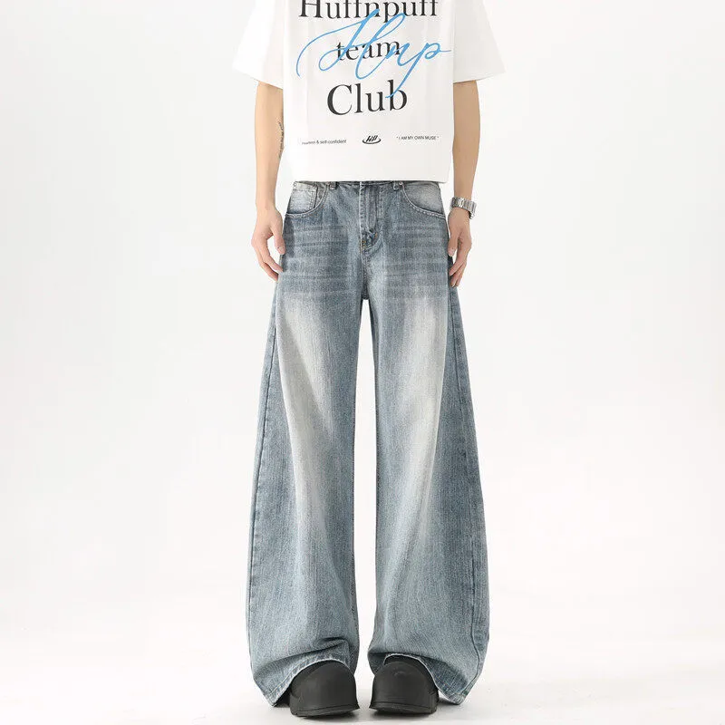 Men's Washed Blue Wide-Leg Jeans - American High Street Style Casual Pants for Spring & Autumn, Loose Fit Versatile Trousers showcase 10