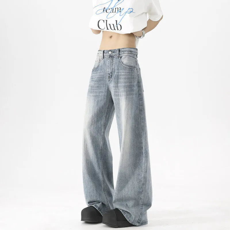 Men's Washed Blue Wide-Leg Jeans - American High Street Style Casual Pants for Spring & Autumn, Loose Fit Versatile Trousers showcase 11