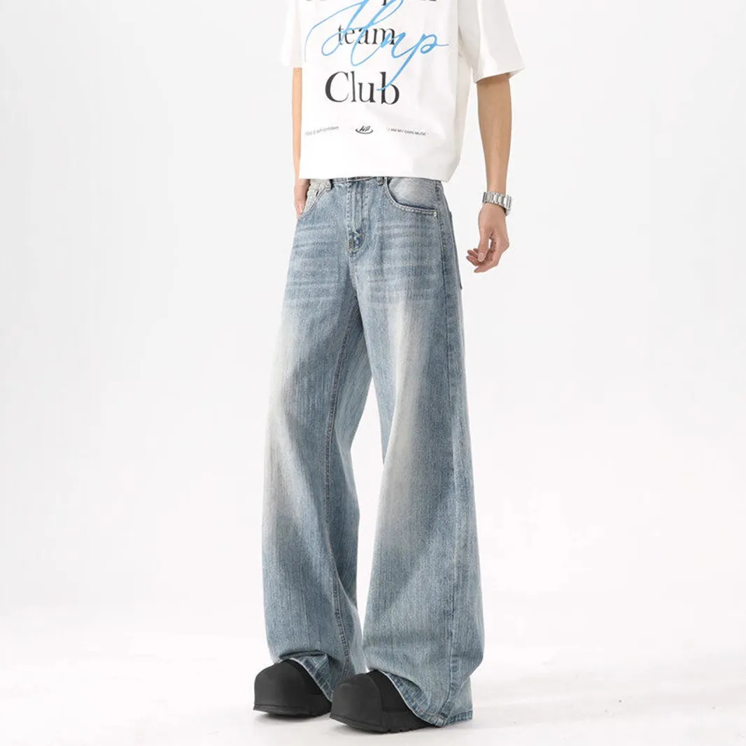 Men's Washed Blue Wide-Leg Jeans - American High Street Style Casual Pants for Spring & Autumn, Loose Fit Versatile Trousers thumbnail 6