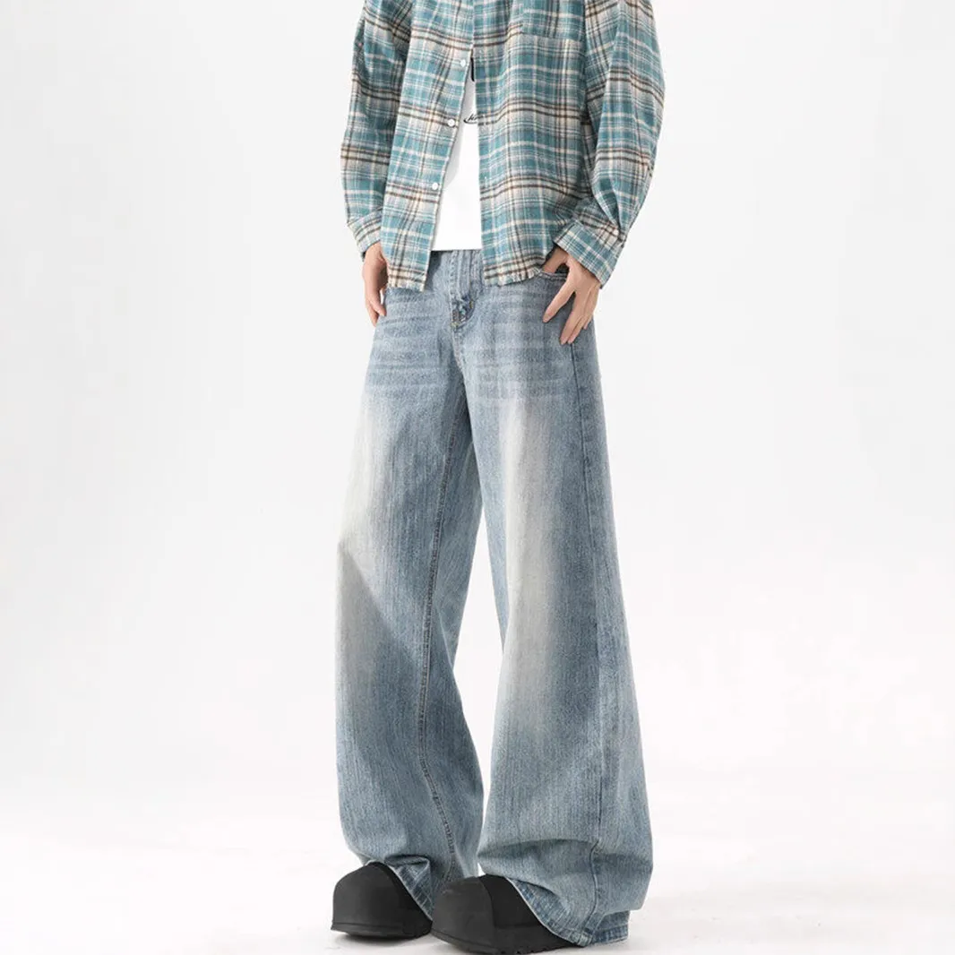 Men's Washed Blue Wide-Leg Jeans - American High Street Style Casual Pants for Spring & Autumn, Loose Fit Versatile Trousers showcase 1