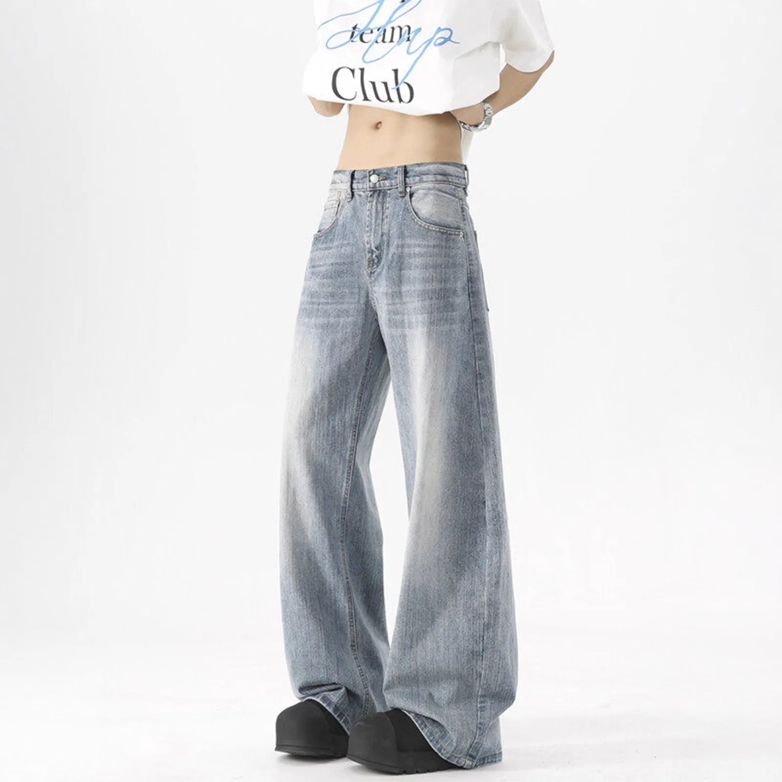 Men's Washed Blue Wide-Leg Jeans - American High Street Style Casual Pants for Spring & Autumn, Loose Fit Versatile Trousers thumbnail 2