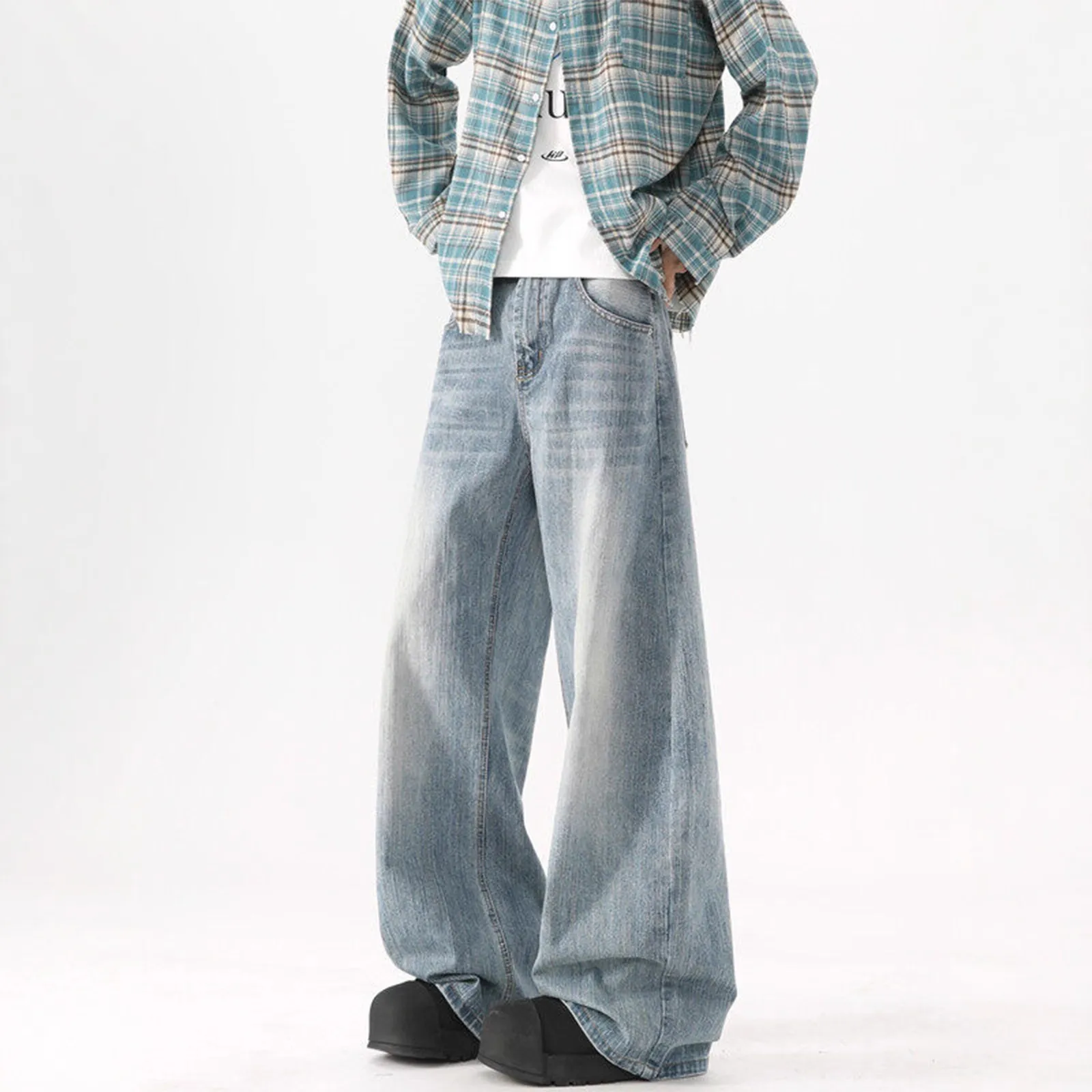 Men's Washed Blue Wide-Leg Jeans - American High Street Style Casual Pants for Spring & Autumn, Loose Fit Versatile Trousers thumbnail 1