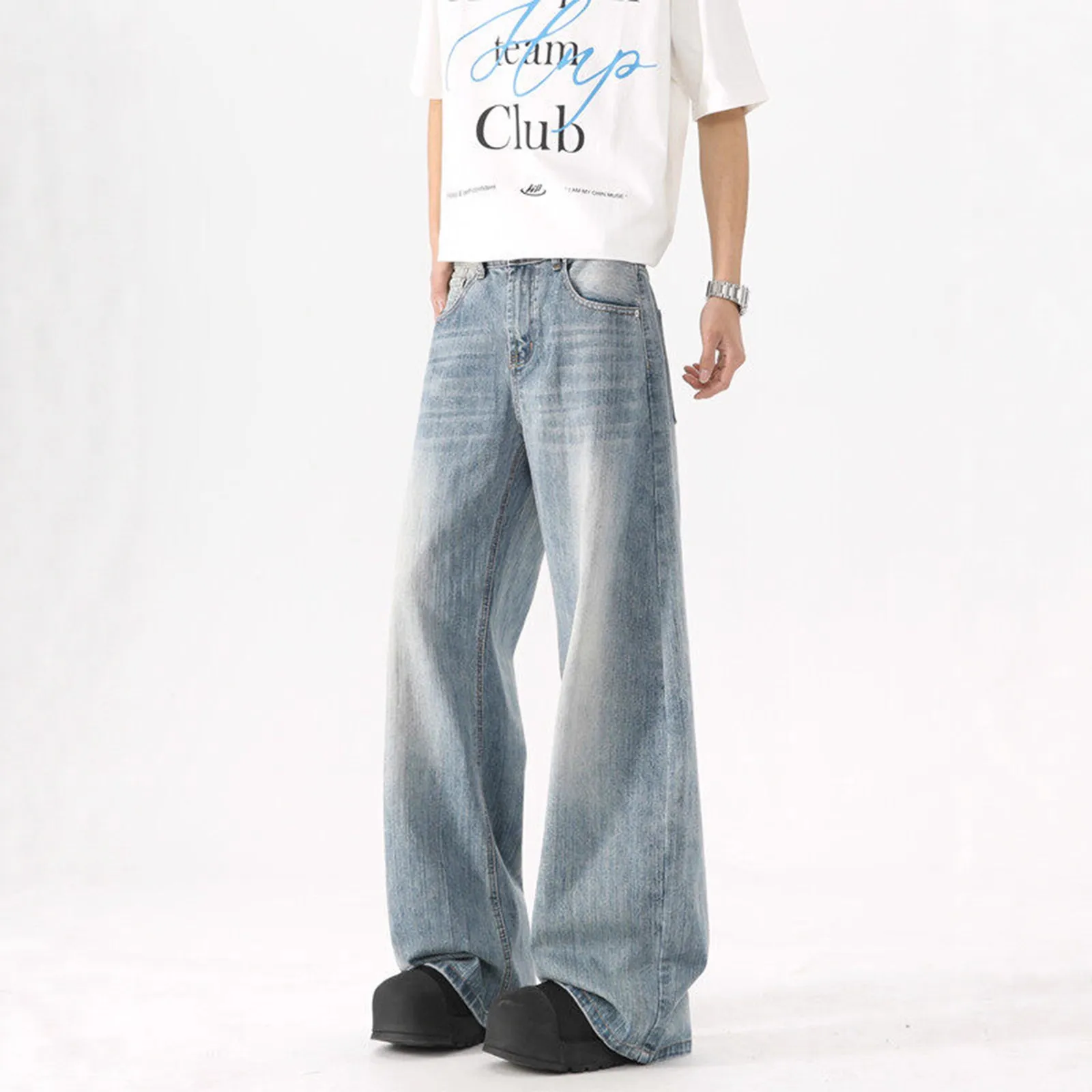 Men's Washed Blue Wide-Leg Jeans - American High Street Style Casual Pants for Spring & Autumn, Loose Fit Versatile Trousers thumbnail 4