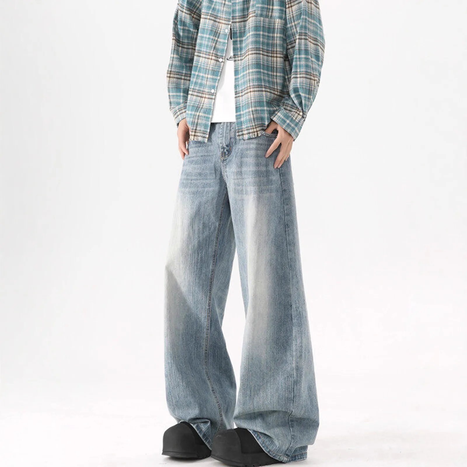 Men's Washed Blue Wide-Leg Jeans - American High Street Style Casual Pants for Spring & Autumn, Loose Fit Versatile Trousers thumbnail 5