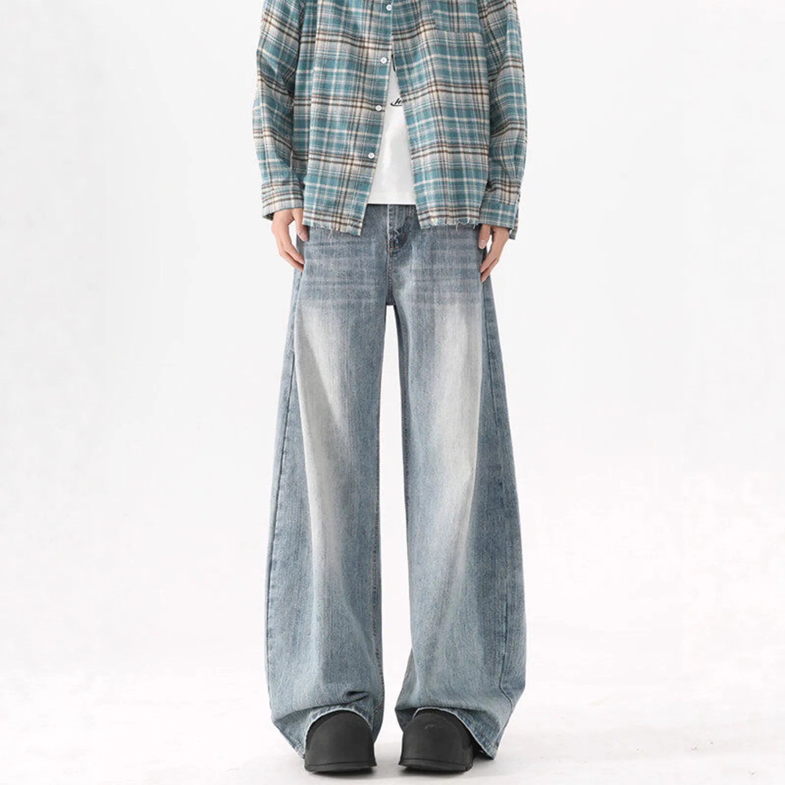 Men's Washed Blue Wide-Leg Jeans - American High Street Style Casual Pants for Spring & Autumn, Loose Fit Versatile Trousers thumbnail 3