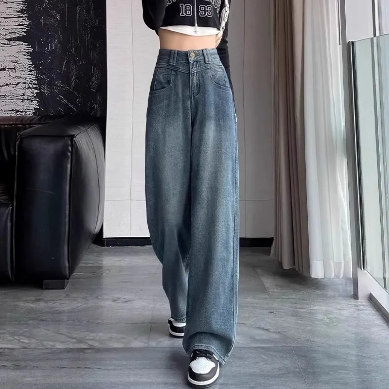 Women's Star Pattern Wide Leg Jeans - New Retro High Waist Lazy Fit Straight Leg Trousers for Fashionable Comfort thumbnail 6