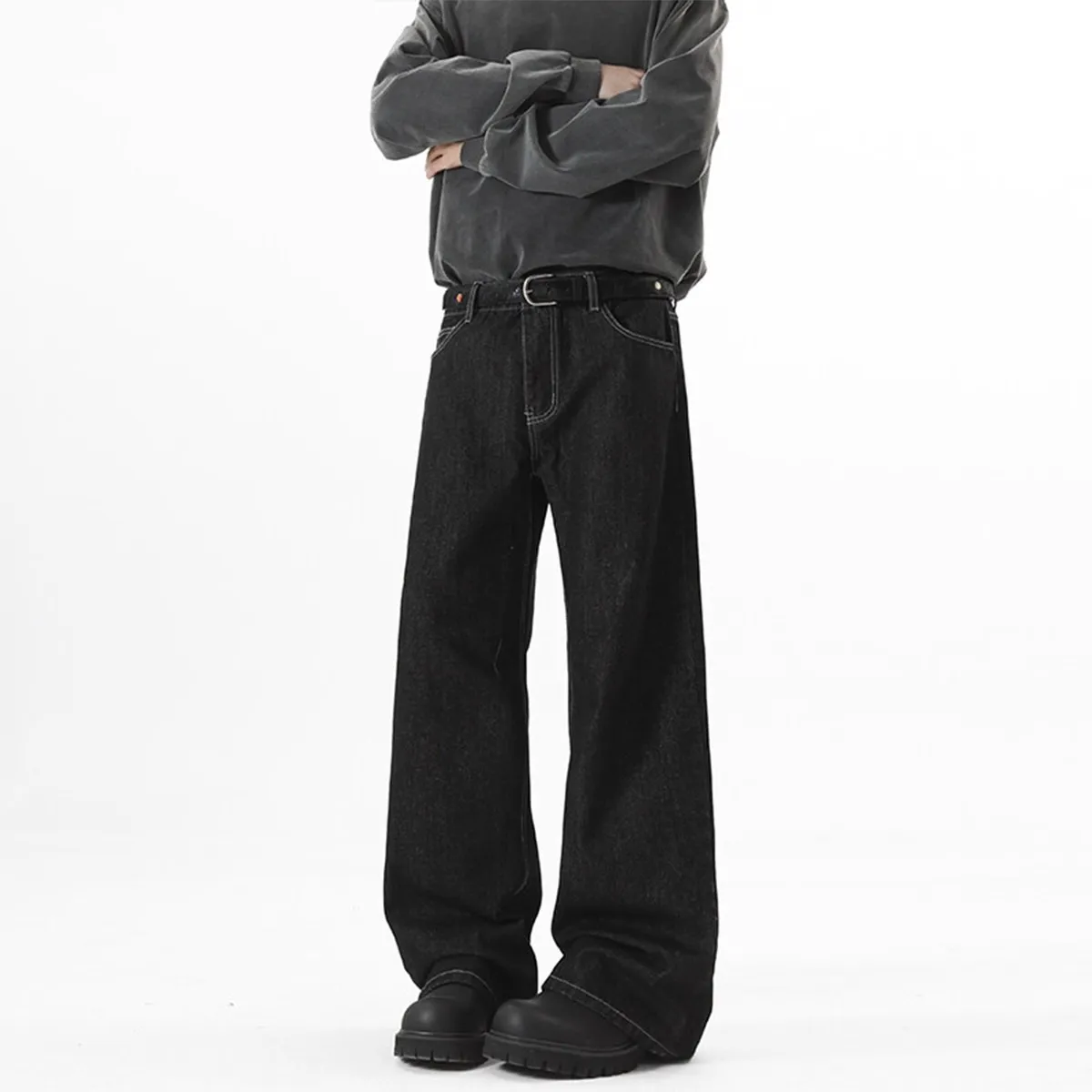 Men's Wide-Leg Denim Jeans - Autumn American High Street Style Loose Fit Washed Floor-Length Pants thumbnail 2