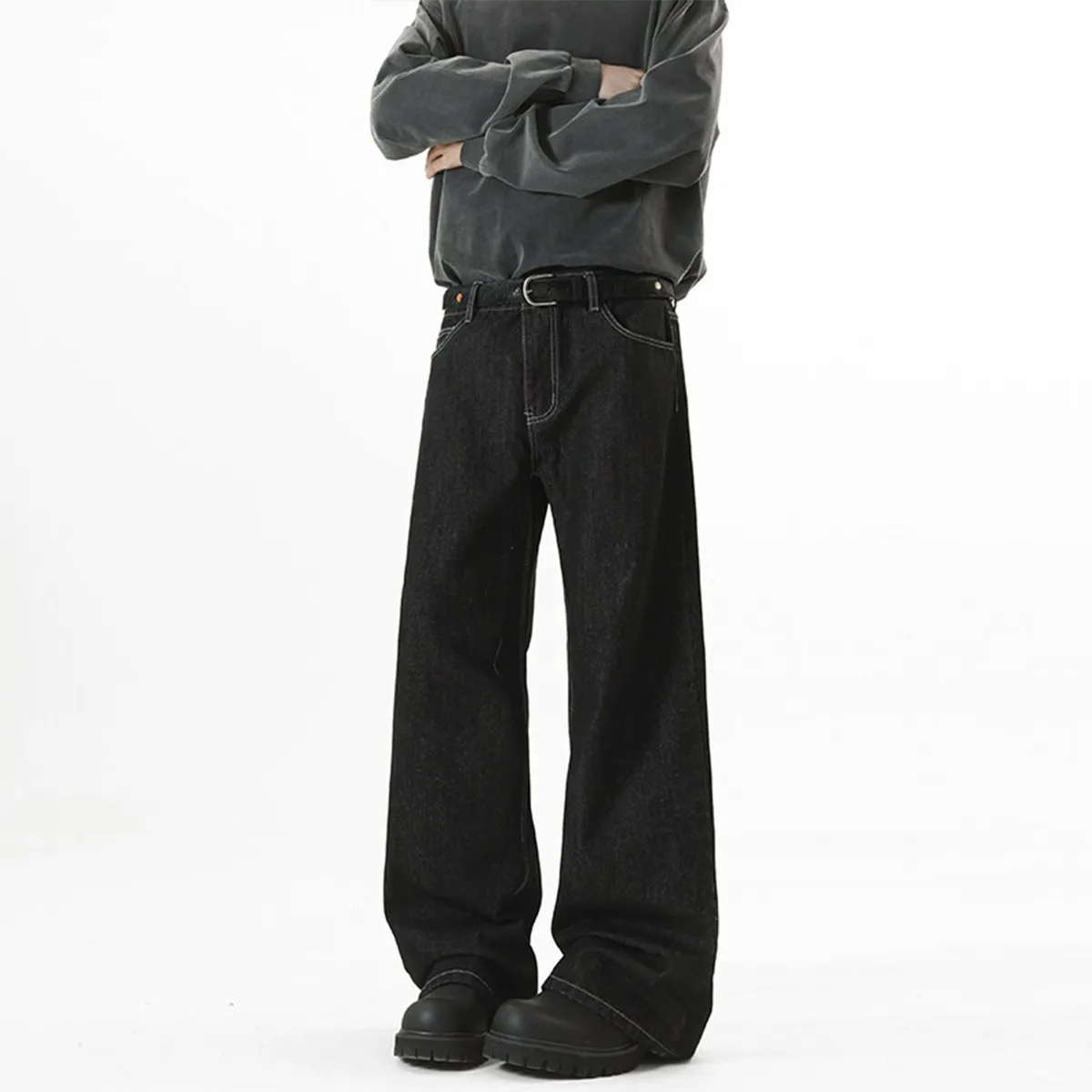 Men's Wide-Leg Denim Jeans - Autumn American High Street Style Loose Fit Washed Floor-Length Pants thumbnail 7