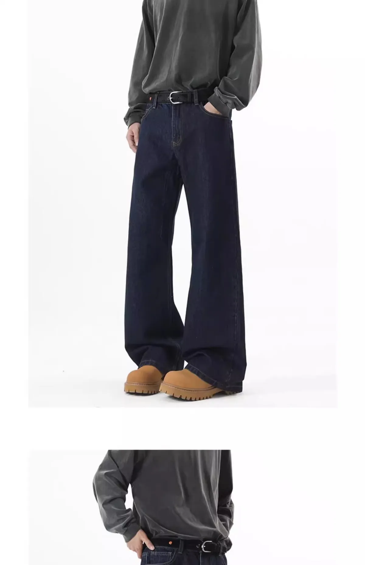 Men's Wide-Leg Denim Jeans - Autumn American High Street Style Loose Fit Washed Floor-Length Pants showcase 3
