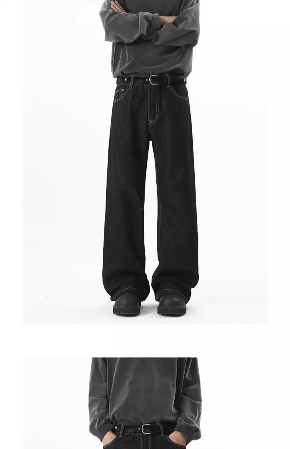 Men's Wide-Leg Denim Jeans - Autumn American High Street Style Loose Fit Washed Floor-Length Pants showcase 11