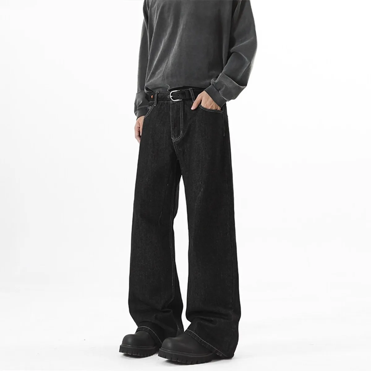 Men's Wide-Leg Denim Jeans - Autumn American High Street Style Loose Fit Washed Floor-Length Pants thumbnail 4