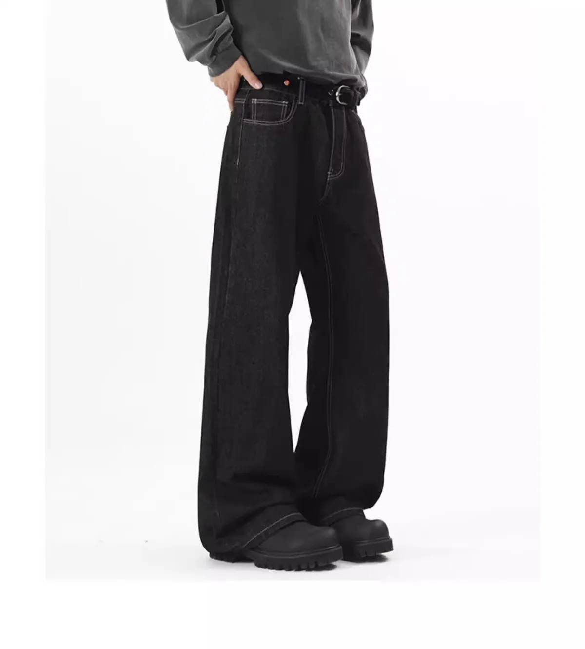 Men's Wide-Leg Denim Jeans - Autumn American High Street Style Loose Fit Washed Floor-Length Pants showcase 10