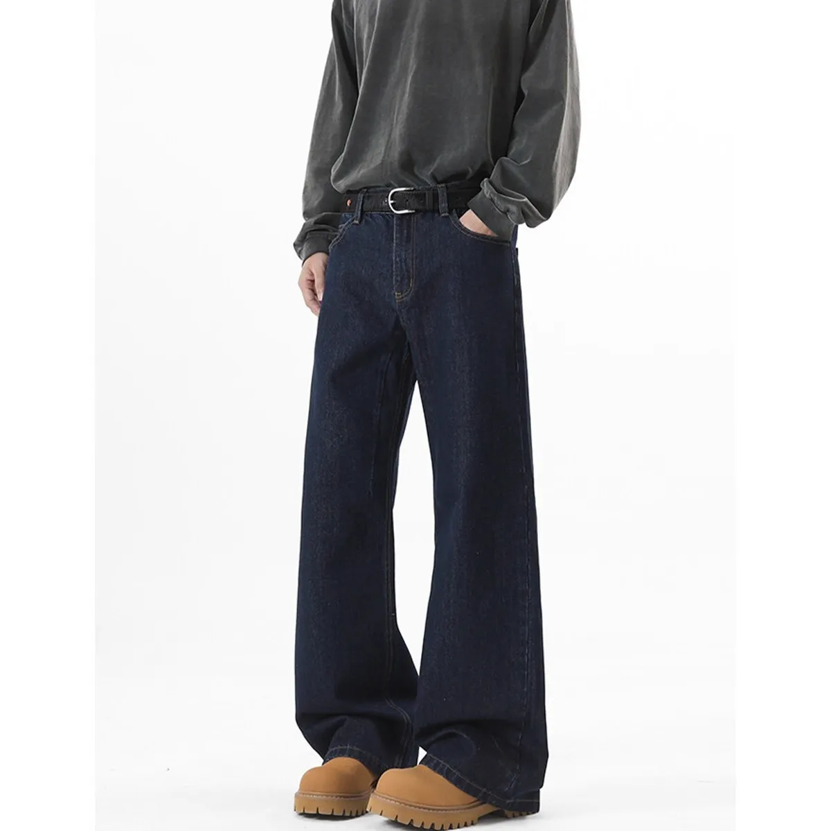 Men's Wide-Leg Denim Jeans - Autumn American High Street Style Loose Fit Washed Floor-Length Pants showcase 2