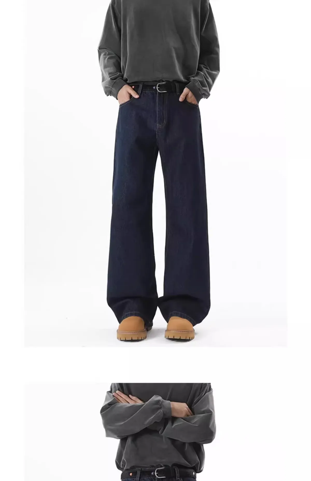 Men's Wide-Leg Denim Jeans - Autumn American High Street Style Loose Fit Washed Floor-Length Pants showcase 5