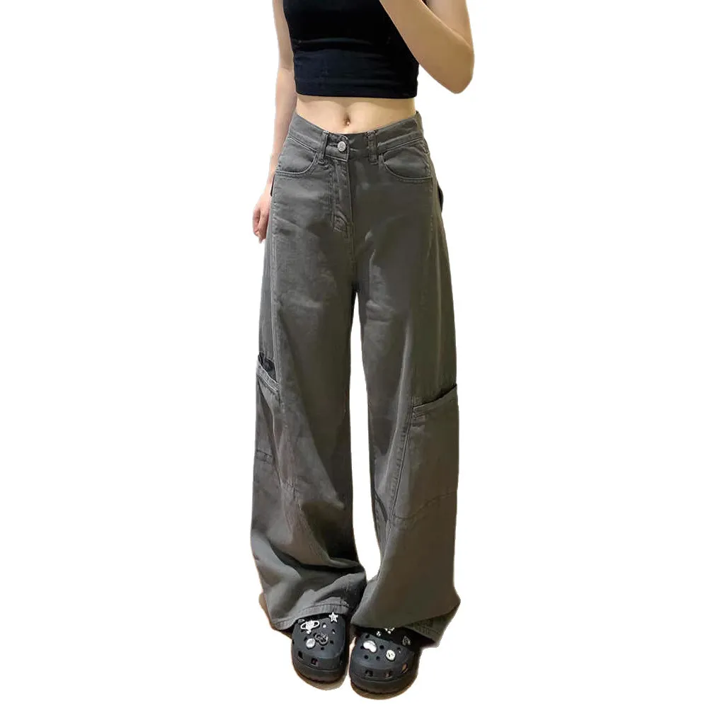 Women's Grey Wide Leg Cargo Pants Spring 2026 New Loose Straight Fit Denim Jeans for Casual Streetwear - Image 5