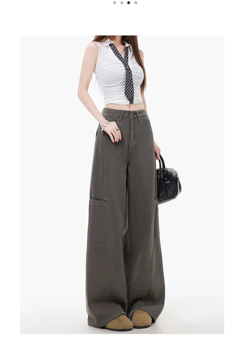 Women's Grey Wide Leg Cargo Pants Spring 2026 New Loose Straight Fit Denim Jeans for Casual Streetwear showcase 6