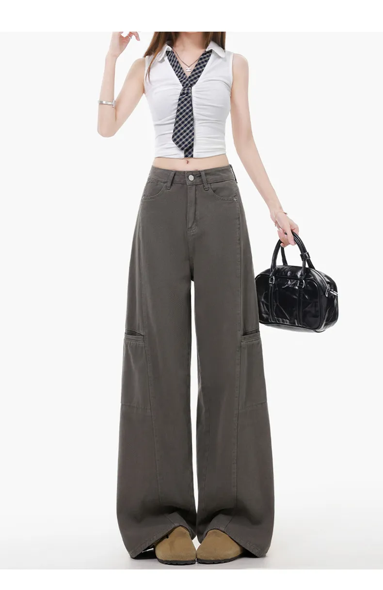 Women's Grey Wide Leg Cargo Pants Spring 2026 New Loose Straight Fit Denim Jeans for Casual Streetwear showcase 2