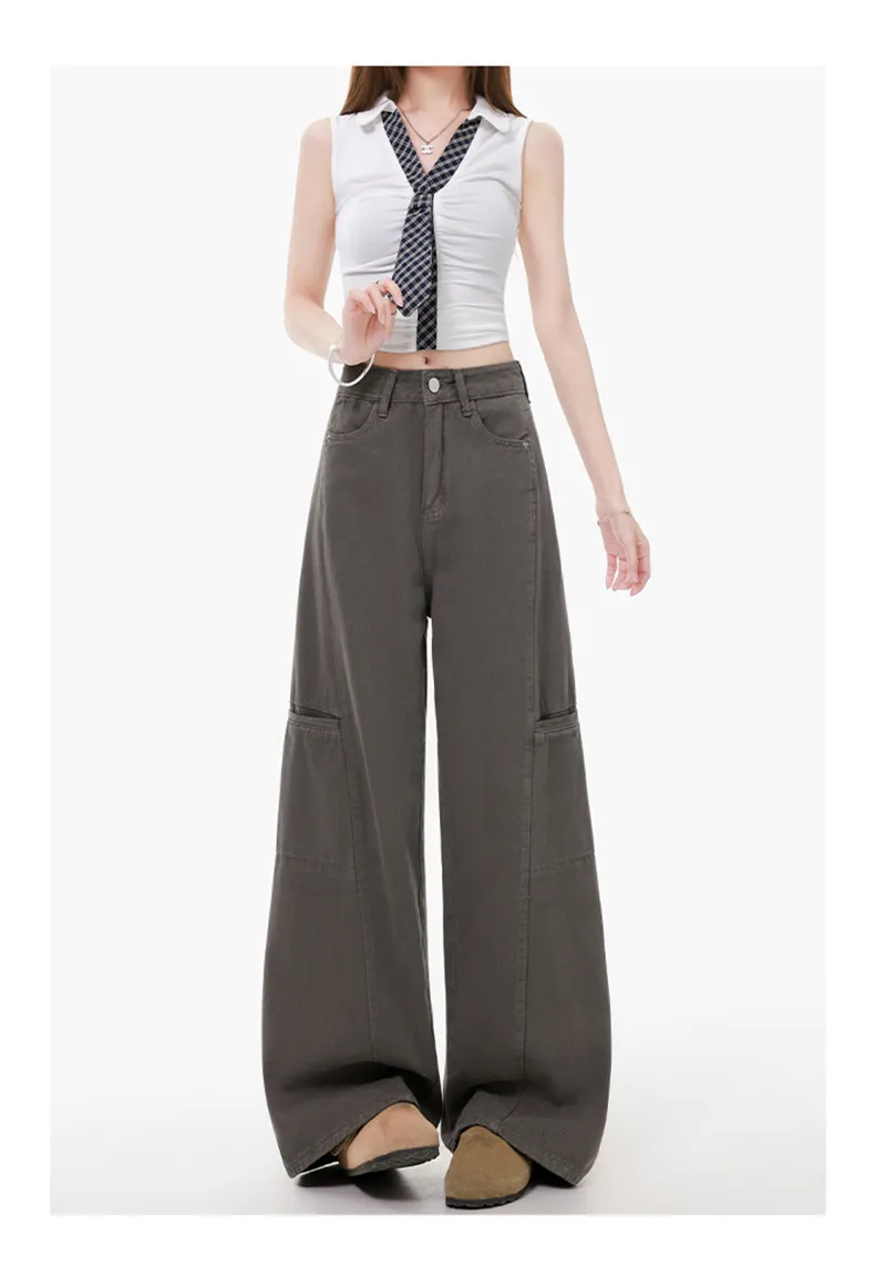 Women's Grey Wide Leg Cargo Pants Spring 2026 New Loose Straight Fit Denim Jeans for Casual Streetwear showcase 8
