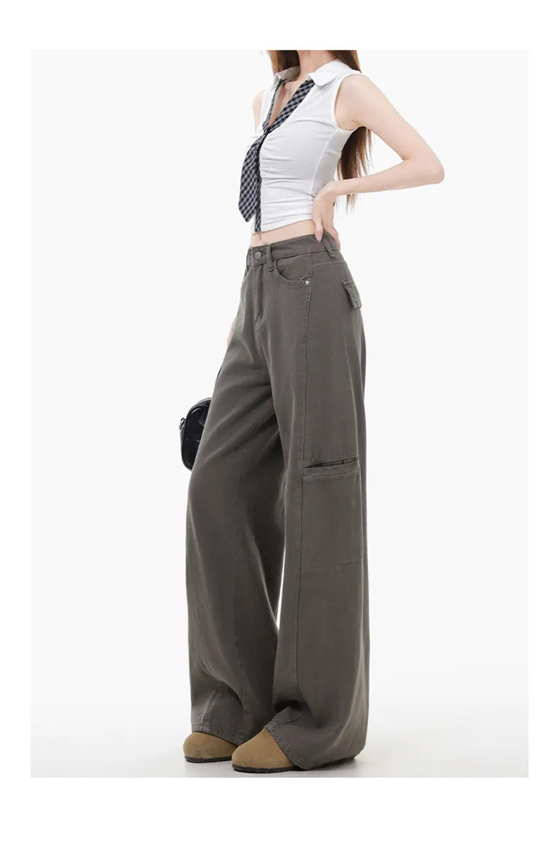 Women's Grey Wide Leg Cargo Pants Spring 2026 New Loose Straight Fit Denim Jeans for Casual Streetwear showcase 10