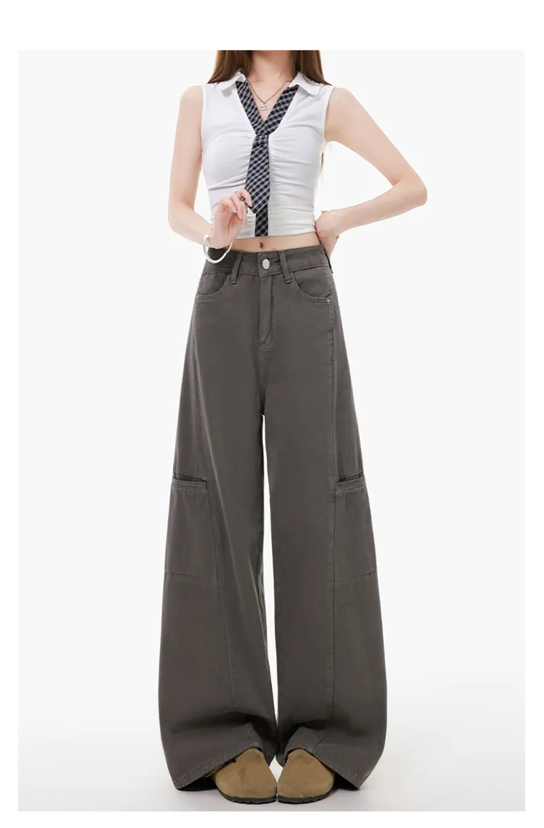 Women's Grey Wide Leg Cargo Pants Spring 2026 New Loose Straight Fit Denim Jeans for Casual Streetwear showcase 4