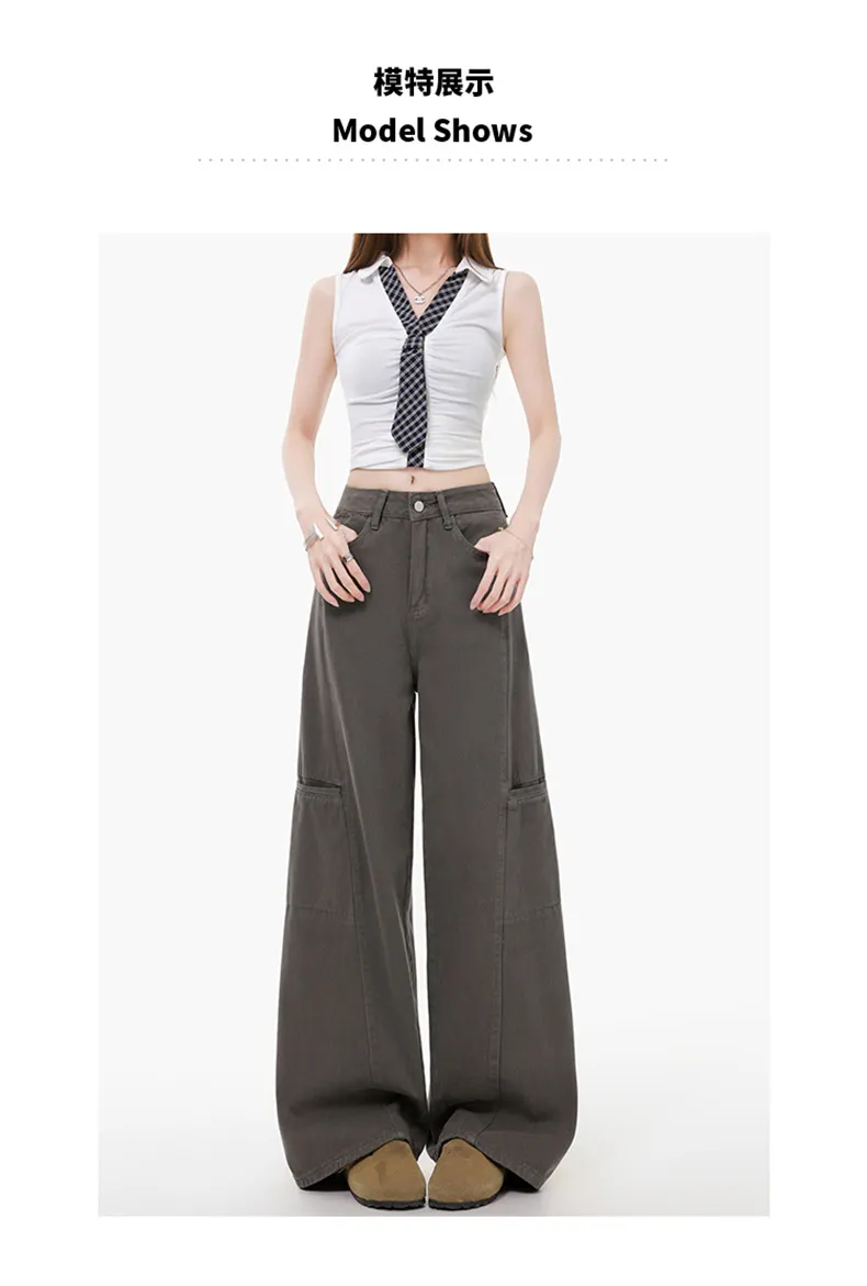Women's Grey Wide Leg Cargo Pants Spring 2026 New Loose Straight Fit Denim Jeans for Casual Streetwear showcase 5