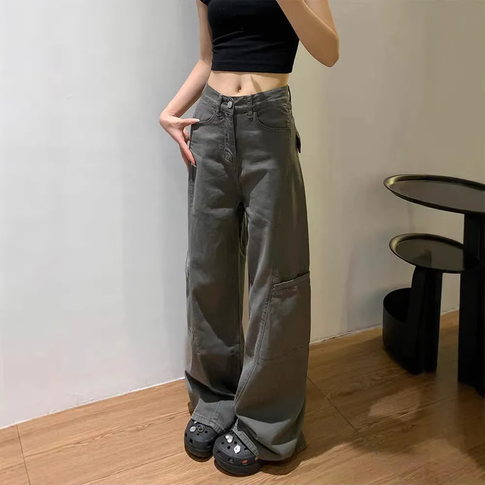 Women's Grey Wide Leg Cargo Pants Spring 2026 New Loose Straight Fit Denim Jeans for Casual Streetwear - Image 4