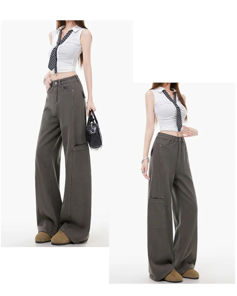 Women's Grey Wide Leg Cargo Pants Spring 2026 New Loose Straight Fit Denim Jeans for Casual Streetwear showcase 9