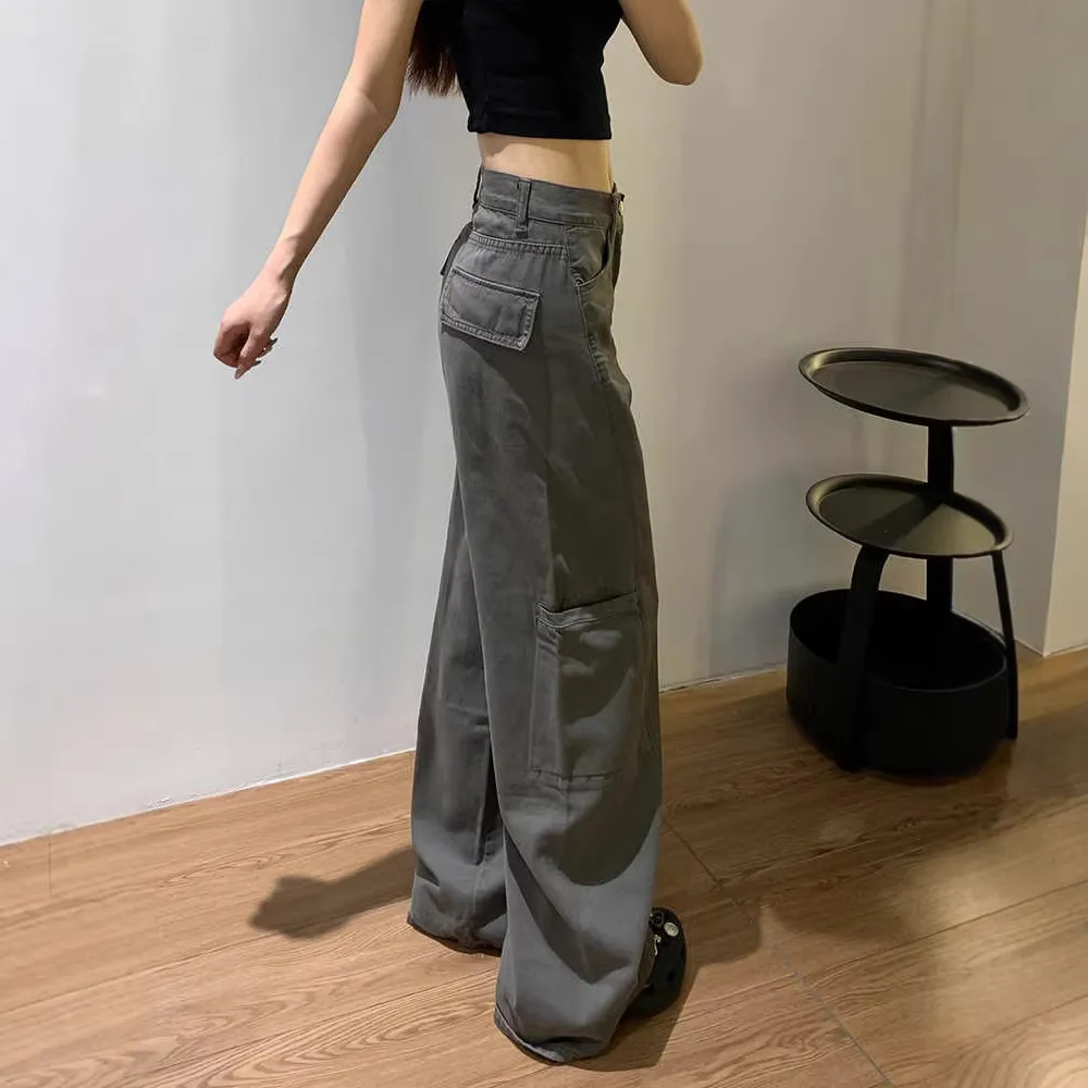 Women's Grey Wide Leg Cargo Pants Spring 2026 New Loose Straight Fit Denim Jeans for Casual Streetwear - Image 3