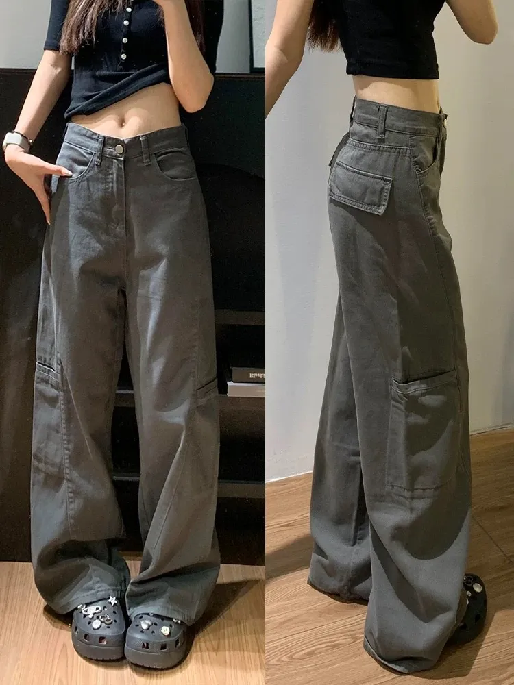 Women's Grey Wide Leg Cargo Pants Spring 2026 New Loose Straight Fit Denim Jeans for Casual Streetwear - Image 6